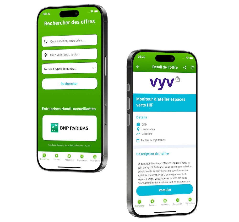 Captures d'écran de l'application Handicap-Job : recherche d'offres et détail d'une annonce